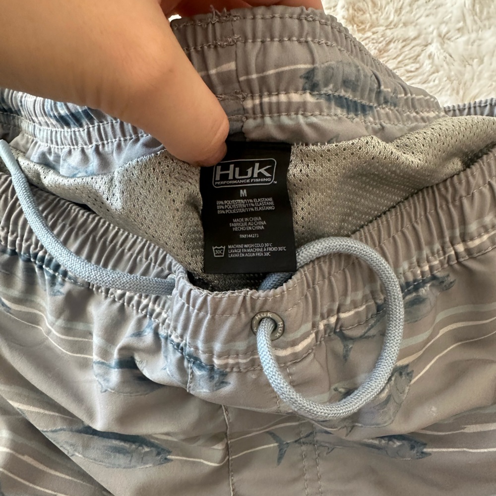 Huk Blue and Gray Fish Print Swim Shorts